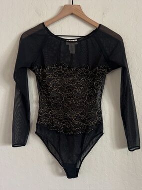 Vintage Victoria’s Secret Gold Label Sheer Mesh Long Sleeve Bodysuit Small Gold